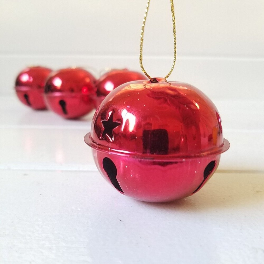 Shiny Red Jingle Bell Ornaments, Christmas Holiday Decor, Set of 4